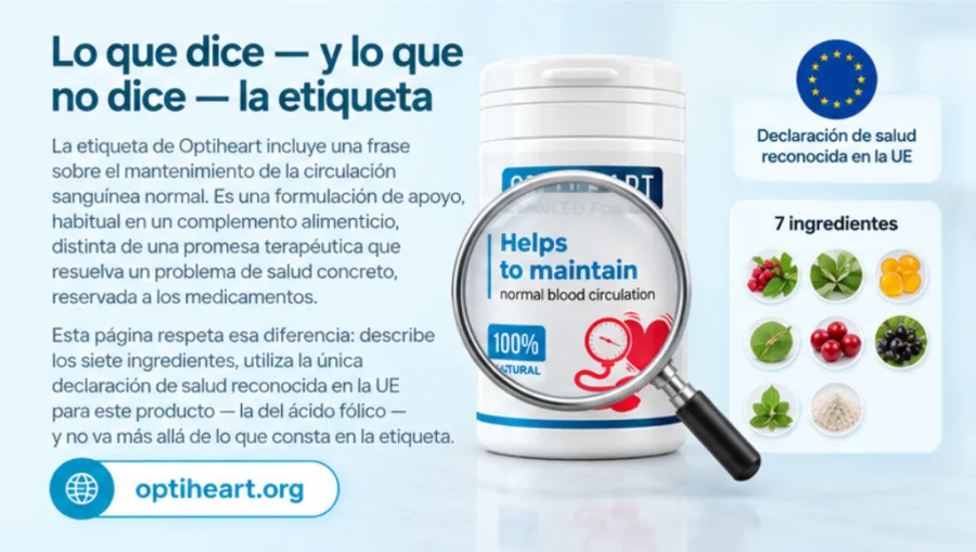 Optiheart — detalle del texto impreso en la etiqueta del bote