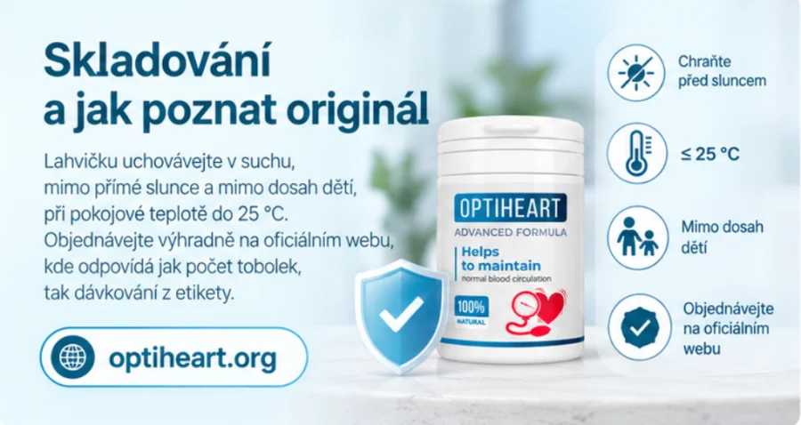 Optiheart — lahvička uložená na suchém místě mimo dosah dětí